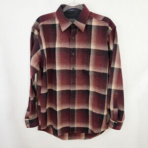 Pendleton Lodge Shirt dark red plaid tan washable wool men's size medium